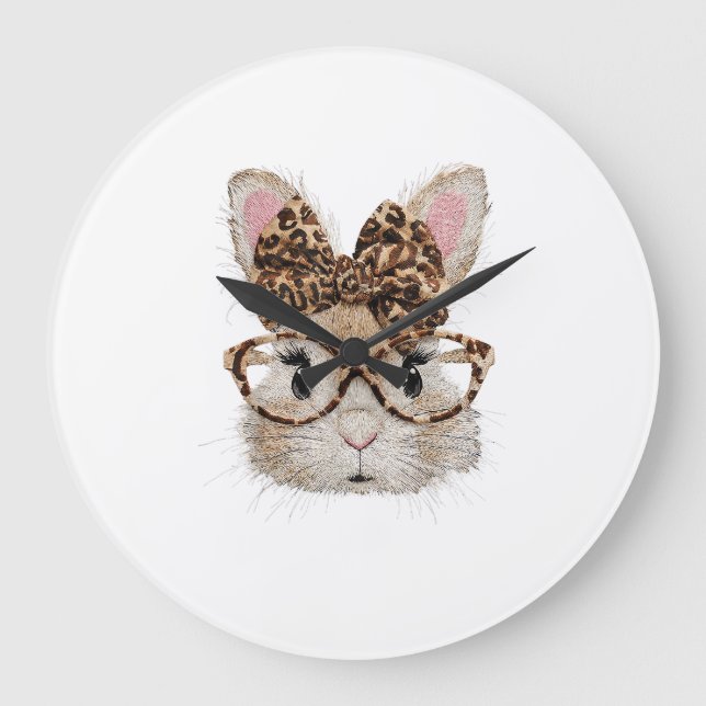 Cute Bunny Rabbit Face Leopard Coquette Bow Glasse Large Clock (Front)