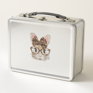 Cute Bunny Rabbit Face Leopard Coquette Bow Glasse Metal Lunch Box