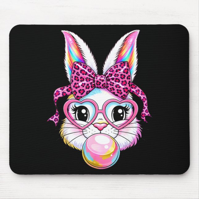 Cute bunny rabbit face leopard coquette bow glasse mouse mat (Front)