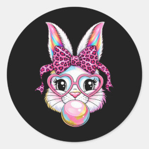 Cute Bunny Rabbit Face Leopard Coquette Bow Gles E Classic Round Sticker