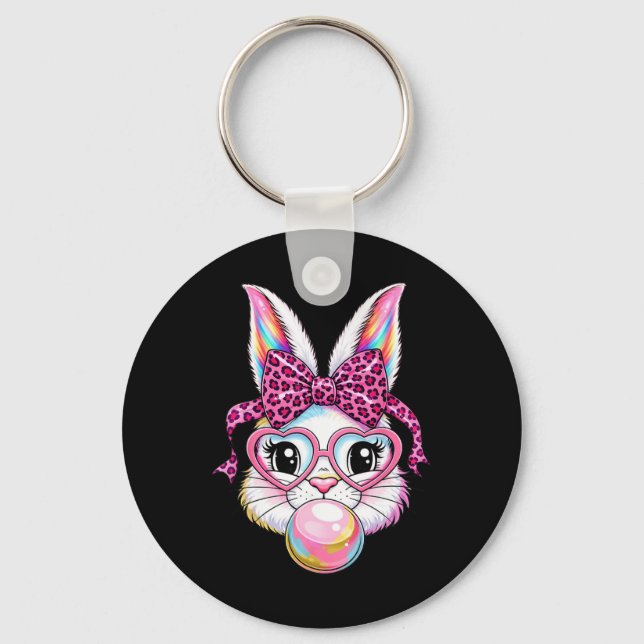 Cute Bunny Rabbit Face Leopard Coquette Bow Gles E Key Ring (Front)