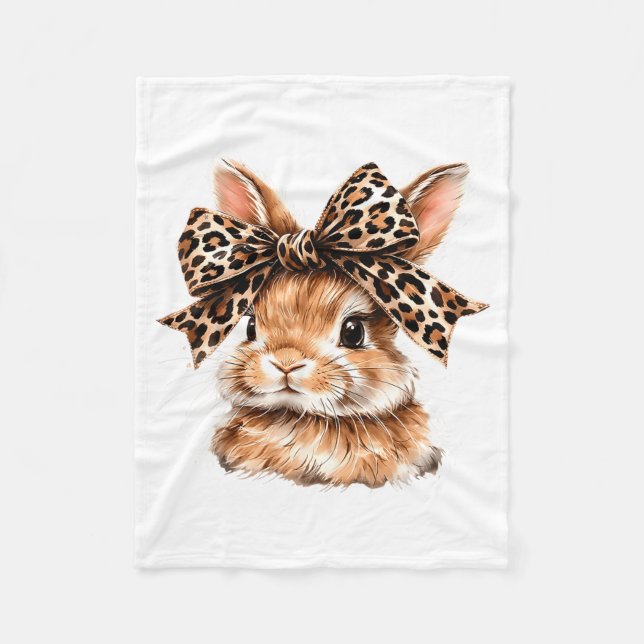 Cute Bunny Rabbit Face Leopard Coquette Bow Happy Fleece Blanket (Front)