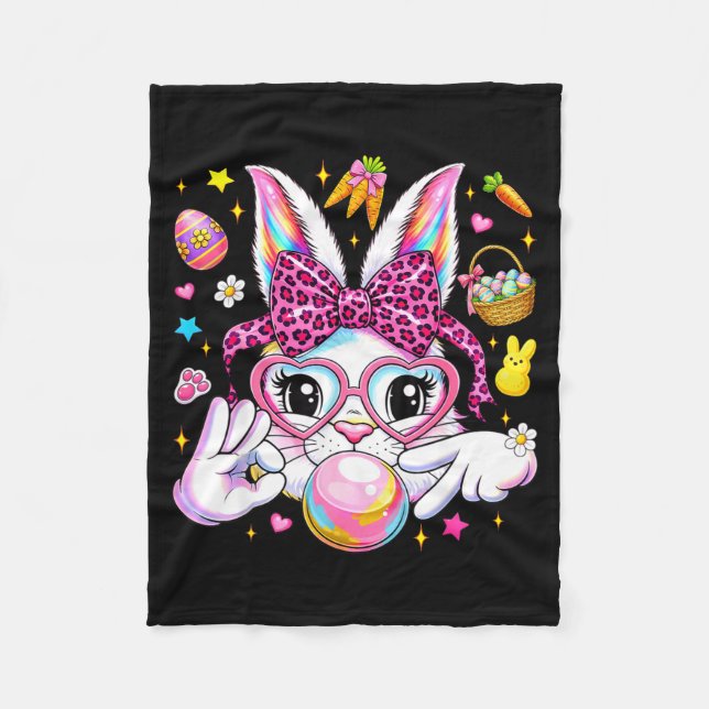 Cute bunny rabbit face leopard coquette bow six fleece blanket (Front)