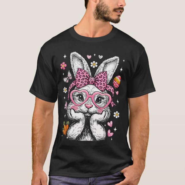 Cute Bunny Rabbit Face Leopard Coquette Bow T-Shirt (Front)