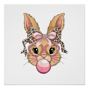 Cute Bunny Rabbit Face Leopard Glasses Girl Happy  Poster