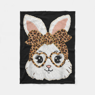 Cute Bunny Rabbit Face Leopard Gles Girl Happy Eas Fleece Blanket