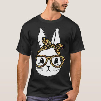 Cute Bunny Rabbit Face Messy Bun Leopard Glasses G T-Shirt
