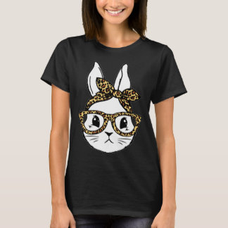 Cute Bunny Rabbit Face Messy Bun Leopard Glasses G T-Shirt