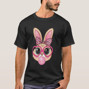 Cute Bunny Rabbit Face Pink Glasses Leopard Bow Ea T-Shirt