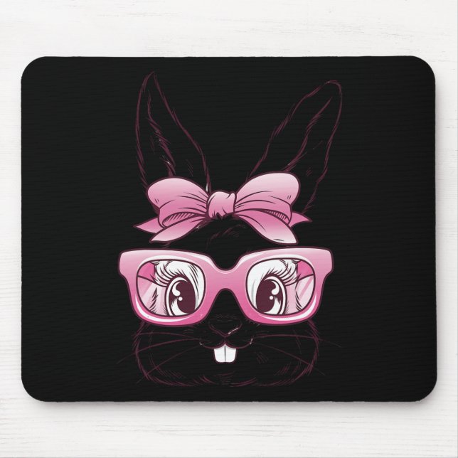 Cute Bunny Rabbit Face Pink Gles Bow Tie Happy Eas Mouse Mat (Front)