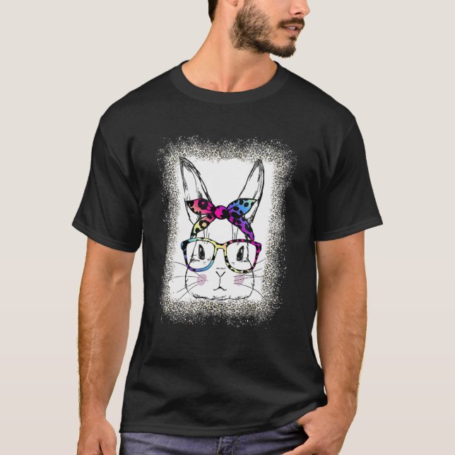 Cute Bunny Rabbit Face Rainbow Leopard Glasses Eas T-Shirt (Front)