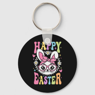 Cute Bunny Rabbit Face Retro Happy Easter Day Wome Key Ring
