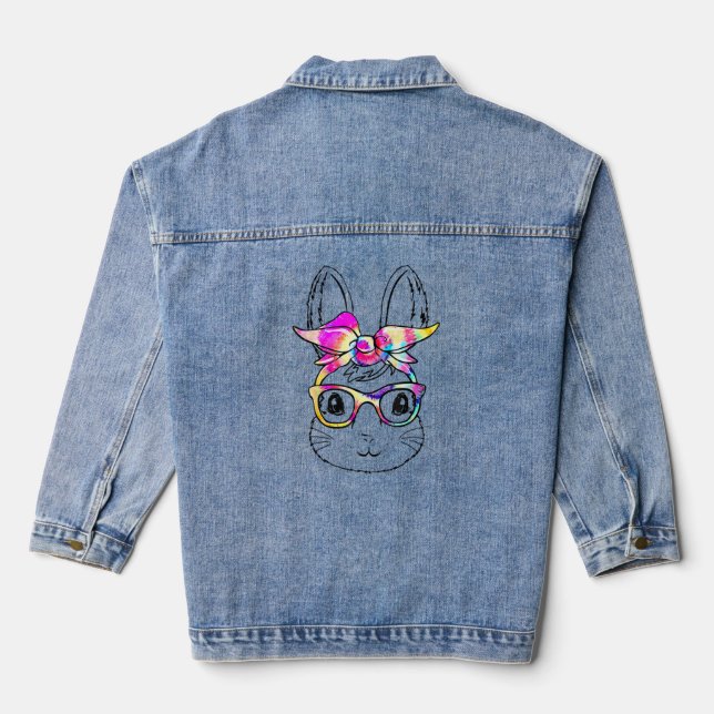 Cute Bunny Rabbit Face Tie Dye Glasses Girl Happy  Denim Jacket (Back)