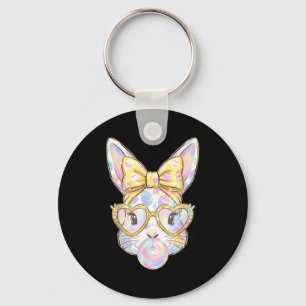Cute bunny rabbit face tie dye glasses girl happy key ring