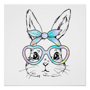 Cute Bunny Rabbit Face Tie Dye Glasses Girl Happy  Poster