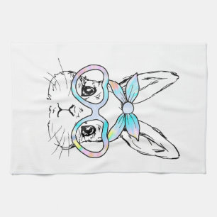 Cute Bunny Rabbit Face Tie Dye Glasses Girl Happy  Tea Towel