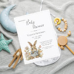 Cute Bunny Rabbit Floral Baby Shower Invitation Postcard<br><div class="desc">Cute watercolor hand drawn baby bunny rabbit in a little coat surrounded by soft flowers baby shower invitation budget postcard. The simple soft colours sets the tone for a sweet themed baby shower.  Such a sweet and simple invitation for that special event.  Gender neutral with the grey thin frame.</div>