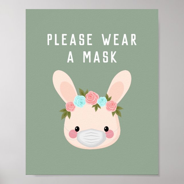 Cute Bunny Rabbit Floral Wear Mask Green Covid Poster (Front)