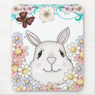 Cute Bunny Rabbit Flowers & Butterflies Mouse Mat