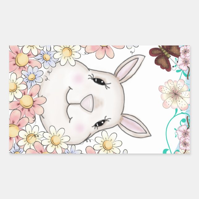 Cute Bunny Rabbit Flowers & Butterflies Rectangular Sticker (Front)