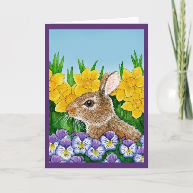 Cute Bunny Rabbit Flowers Easter Spring card (Front)