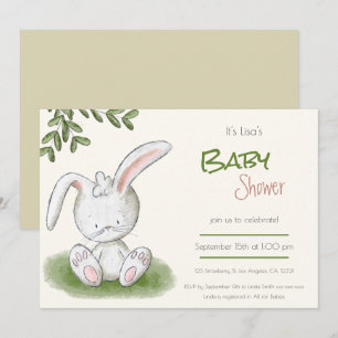 Cute Bunny Rabbit Greenery Neutral Baby Shower Invitation