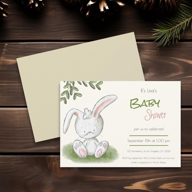 Cute Bunny Rabbit Greenery Neutral Baby Shower Invitation (Creator Uploaded)