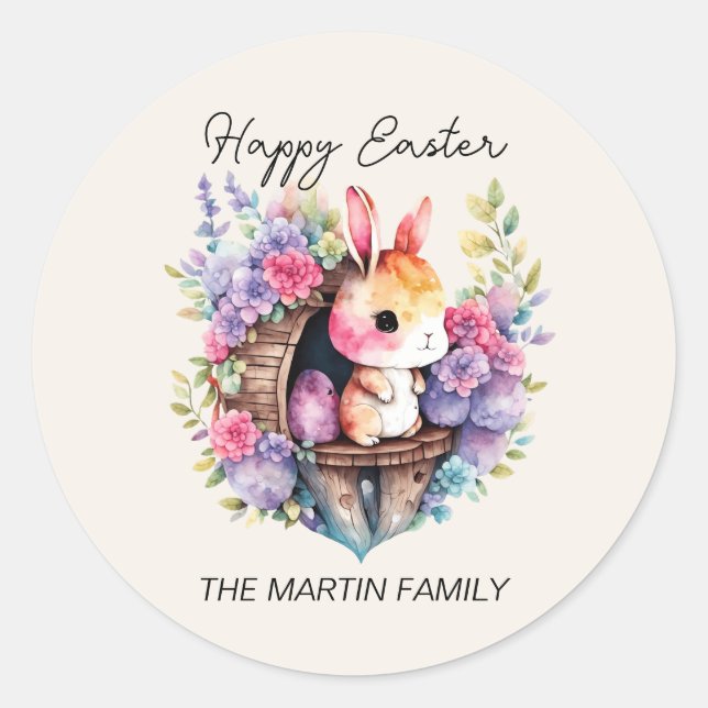 Cute Bunny Rabbit Happy Easter Family Name Classic Round Sticker (Front)