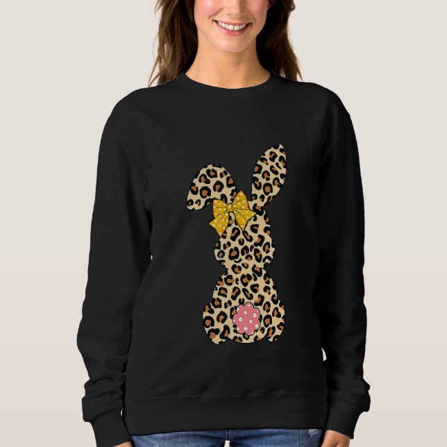 Cute Bunny Rabbit Leopard Bow Tie Happy Easter Day Sweatshirt (Front)
