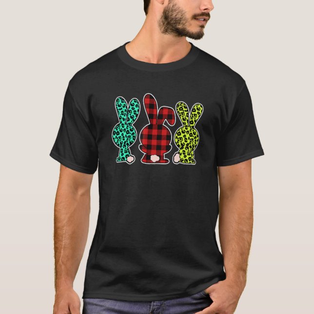 Cute Bunny Rabbit Leopard Red Plaid Easter Hunting T-Shirt (Front)