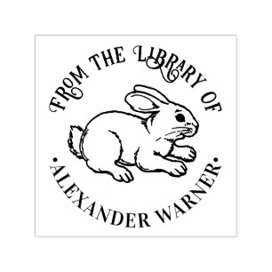 Cute Bunny Rabbit Line Art Round Library Book Name Self-inking Stamp