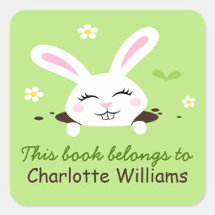 Cute bunny rabbit looking out bookplate book square sticker