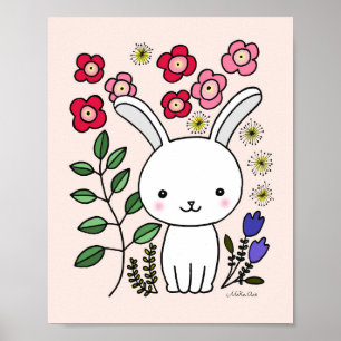 Cute Bunny Rabbit Nursery Art Poster Floral Animal