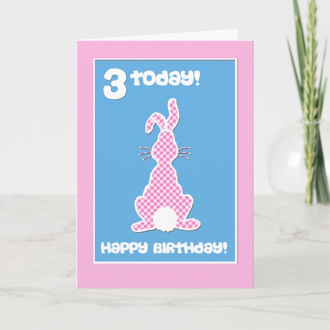 Cute Bunny Rabbit  on Pink Check 3rd Birthday Card (Front)