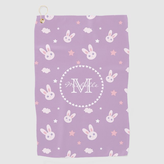 Cute Bunny Rabbit Pastel Pattern Name Monogram Golf Towel (Front)