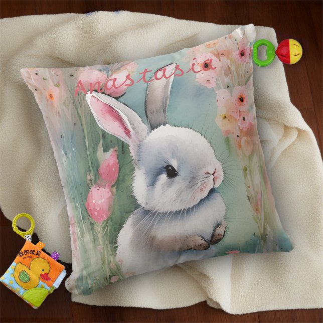 Cute Bunny Rabbit Pastel Watercolor Spring Flowers Cushion (Creator Uploaded)