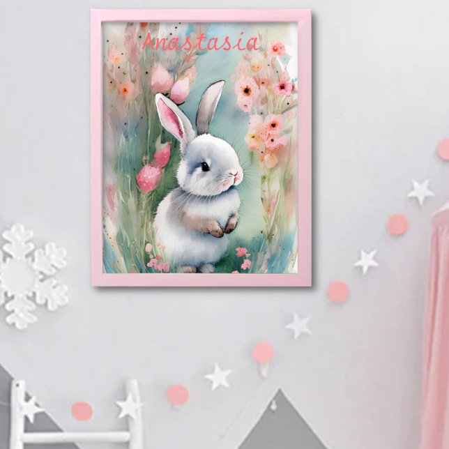 Cute Bunny Rabbit Pastel Watercolor Spring Flowers Poster (Creator Uploaded)