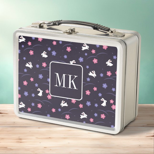 Cute Bunny Rabbit Pattern Monogram Initials Purple Metal Lunch Box (Creator Uploaded)