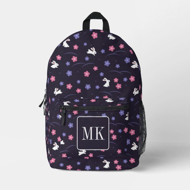 Cute Bunny Rabbit Pattern Monogram Initials Purple Printed Backpack (Front)