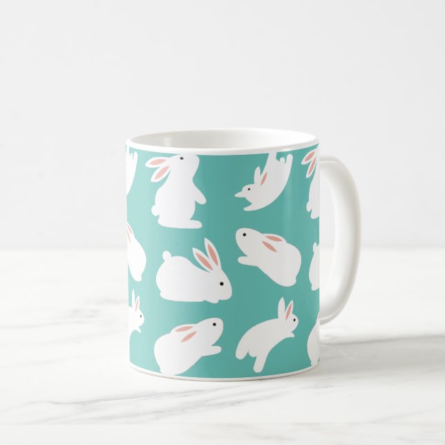 Cute Bunny Rabbit Pattern on Teal Coffee Mug (Front Right)