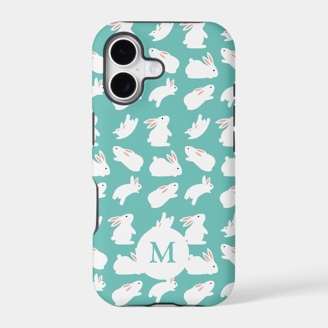 Cute Bunny Rabbit Pattern on Teal Monogram (Back)
