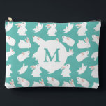 Cute Bunny Rabbit Pattern on Teal Monogram Accessory Pouch<br><div class="desc">Adorable white bunny pattern on teal (you can customise background colour)</div>