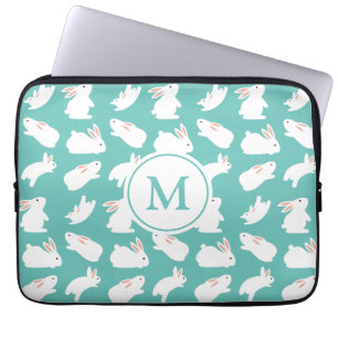 Cute Bunny Rabbit Pattern on Teal Monogram Laptop Sleeve