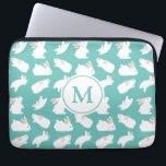 Cute Bunny Rabbit Pattern on Teal Monogram Laptop Sleeve<br><div class="desc">Adorable white bunny pattern on teal (you can customise background colour)</div>
