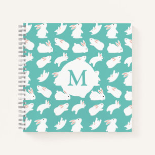Cute Bunny Rabbit Pattern on Teal Monogram Notebook