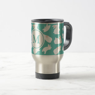 Cute Bunny Rabbit Pattern on Teal Monogram Travel Mug