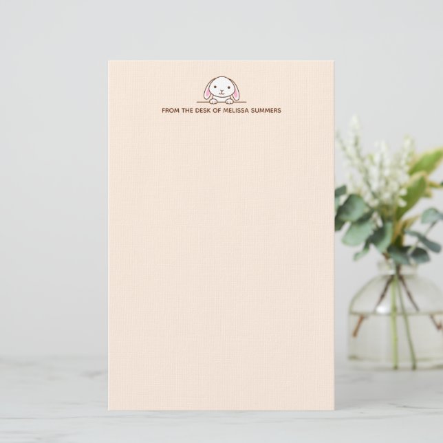 Cute Bunny Rabbit Peeking above Custom Text Beige Stationery (Standing Front)