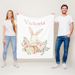 Cute Bunny Rabbit Personalised White Modern Fleece Blanket