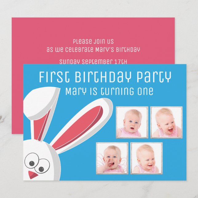 Cute Bunny Rabbit Photo Collage 1st Birthday Party Invitation (Front/Back)