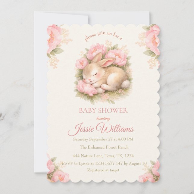 Cute Bunny Rabbit Pink Blush Baby Shower Invitation (Front)